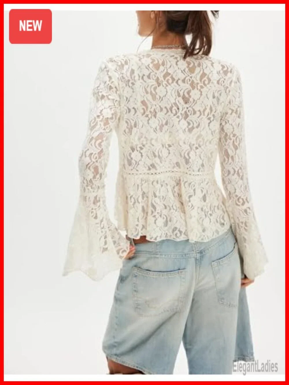 Sheer Lace Bell Sleeve Ruffle Poncho Blouse